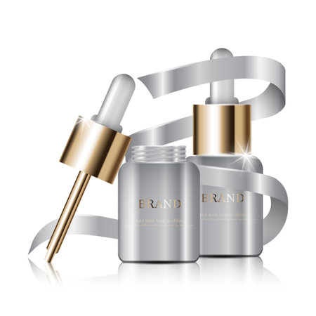 Hydrating facial serum for annual sale or festival sale. white and gold cream mask bottle isolated on golden light background. Graceful cosmetic ads, illustration.のイラスト素材
