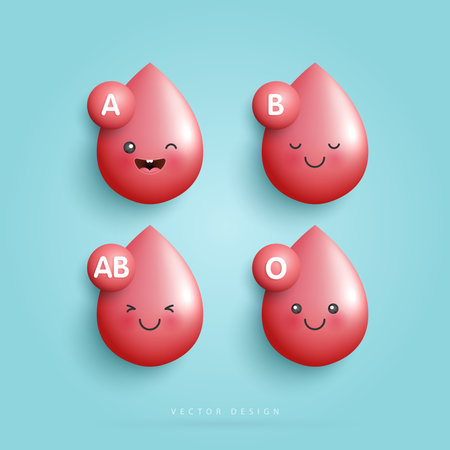 Blood with group droplets. blood type. cute happy healthy smiling blood drop character for medical apps, websites and hospital. vector design.のイラスト素材