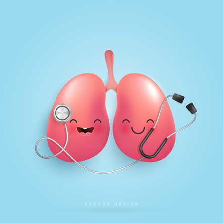 Cartoon lungs character with medical doctor stethoscope for health care, hospital. pulse heartbeat. happy lungs for medical apps, websites and hospital. vector design.のイラスト素材