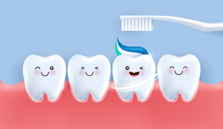 Teeth is happy brush your teeth with toothpaste. teeth suitable for children dental clinic. teeth character for kids. cute dentist mascot for medical apps, websites and hospital. vector design.のイラスト素材