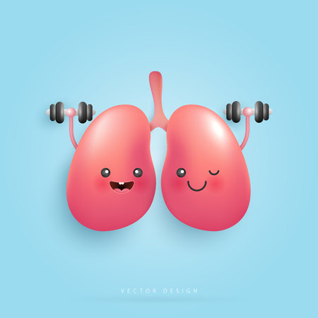 Cartoon lungs character doing exercise for health. lungs healthy and strong. happy lungs for medical apps, websites and hospital. vector design.のイラスト素材
