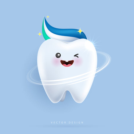 Teeth is happy brush your teeth with toothpaste. teeth suitable for children dental clinic. teeth character for kids. cute dentist mascot for medical apps, websites and hospital. vector design.のイラスト素材