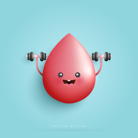 Cartoon blood is healthy, strong blood character and character doing weight training. funny cute smiling happy blood for medical apps, health care, hospital. cartoon character style. vector design.のイラスト素材