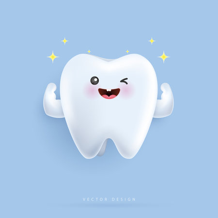 Realistic happy tooth vector illustration. cartoon dental character. cute dentist mascot. oral health and dental inspection teeth. medical dentist tool. vector design.のイラスト素材