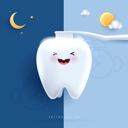 Happy white tooth cleaning with brush vector. morning and night routine brushing teeth concept. oral hygiene for kids hospital. healthy tooth character. cute clean tooth cartoon icon.のイラスト素材