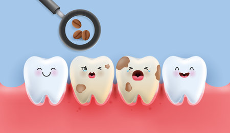 set of Unhealthy tooth with coffee stains. coffee makes your teeth yellow. tooth for children. dental and dentistry concept for kids hospital. healthy tooth character. cute clean tooth cartoon icon.のイラスト素材