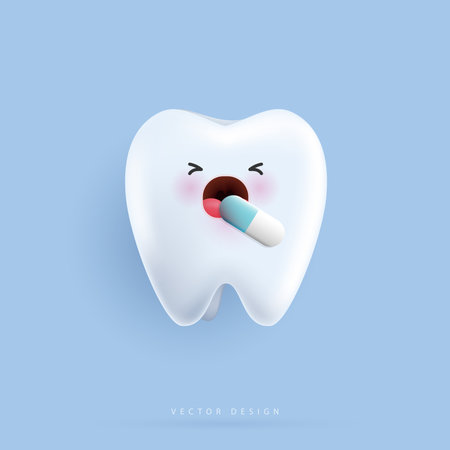 Cartoon tooth is sick and taking medicine character concept. negative effect of viruses, germs and bacteria on the human tooth for medical. vector design.のイラスト素材