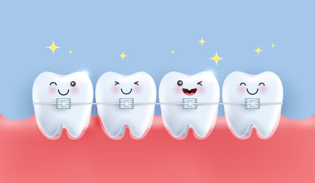 Orthodontic dentistry. alignment of the bite of teeth, dentition with braces, dental braces. healthy lifestyle and dental care. medical apps, websites and hospital. vector.のイラスト素材