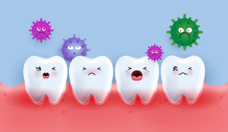 Set of Tooth character cries because of germs. tooth suitable for children dental clinic. tooth character for kids. cute dentist mascot for medical apps, websites and hospital. vector design.のイラスト素材