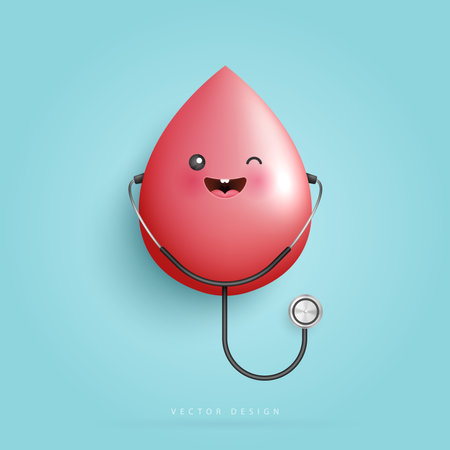 Cartoon blood character and medical doctor stethoscope for health care, hospital. pulse heartbeat. vector design.のイラスト素材