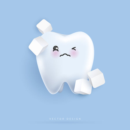 Tooth characters with sugar is feel bad. unhealthy teeth plaque and caries hole with candy. Illustration for children. dental and dentistry concept. vector design.のイラスト素材