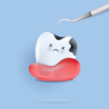 Dental cavity treatment, decayed tooth. tooth character for kids. cute dentist mascot for medical apps, websites and hospital. vector design.のイラスト素材