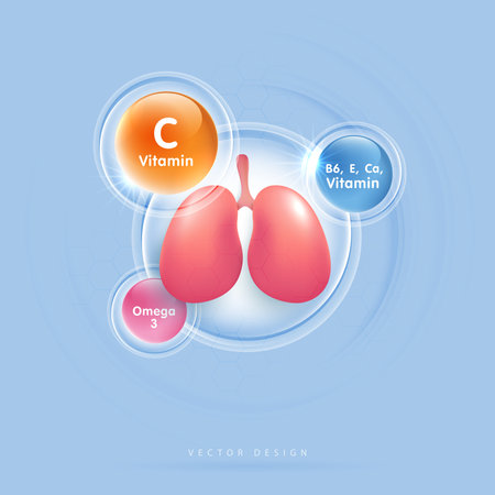 Lungs and vitamins for healthy lungs. vitamin C, E, B6, Ca and omega 3. medical food supplement concepts. health care medical. vector design.のイラスト素材