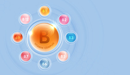 Vitamin B complex minerals. dietary supplement for pharmacy advertisement, vitamins package design. Science medic concept. Beauty treatment nutrition skincare design.のイラスト素材