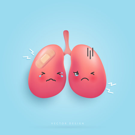 Cartoon lungs is hurt and sad unhealthy Infected lungs  affects health. health care, hospital. cartoon character style. vector design.のイラスト素材