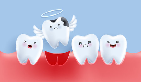Dental cavity treatment, decayed teeth. teeth character for kids. cute dentist mascot for medical apps, websites and hospital. vector design.のイラスト素材