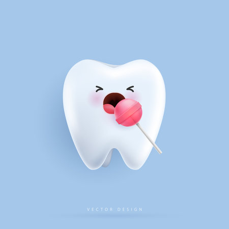 Unhealthy tooth plaque and caries hole with pink candy. cute tooth characters feel bad. dental and dentistry concept for kids hospital. healthy teeth character. cute clean cartoon icon. vector design.のイラスト素材