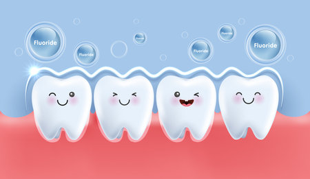 Fluoride shield prevents teeth decay and helps strengthen gums. teeth character for kids. cute dentist mascot for medical apps, websites and hospital. vector design.のイラスト素材