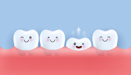 Tooth growing up from gum and other teeth are smiling. teeth for children. dental and dentistry concept for kids hospital. healthy teeth character. cute clean cartoon icon. vector design.のイラスト素材