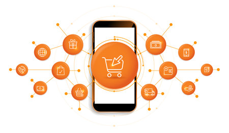 Online shopping digital technology in smartphones with icon on white background. digital fantastic. e-commerce online store marketing for advertising design. internet supermarket connect. vector.のイラスト素材