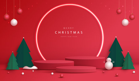Podium shape for show cosmetic product display for Christmas day or New Years. Stand product showcase on red background with tree christmas. vector design.のイラスト素材
