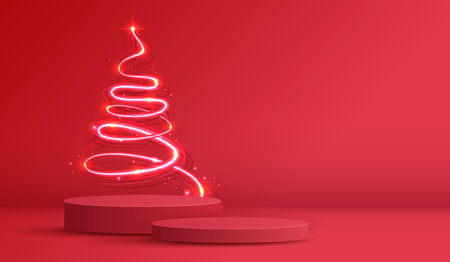 Podium shape for show cosmetic product display for christmas day or new years. stand product showcase on red background with tree christmas, golden ball and light. vector design.のイラスト素材