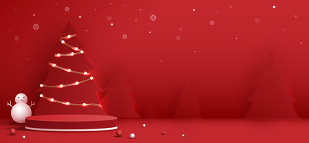 Podium shape for show cosmetic product display for christmas day or new years. Stand product showcase on red background with tree christmas. vector design.のイラスト素材