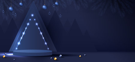 Podium shape for show cosmetic product display for Christmas day or New Years. Stand product showcase on blue background with tree, ball and stars christmas. vector design.のイラスト素材