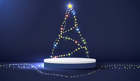 Podium shape for show cosmetic product display for Christmas day or New Years. Stand product showcase on blue background with light tree christmas. vector design.のイラスト素材