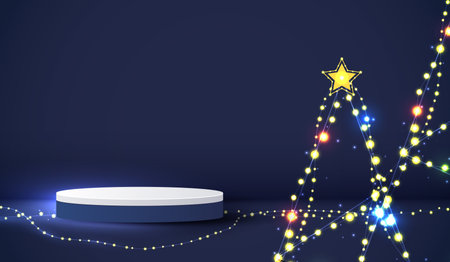 Podium shape for show cosmetic product display for Christmas day or New Years. Stand product showcase on blue background with light tree christmas. vector design.のイラスト素材