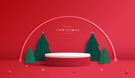 Podium shape for show cosmetic product display for christmas day or new years. stand product showcase on red background with tree christmas, golden ball and light. vector design.のイラスト素材