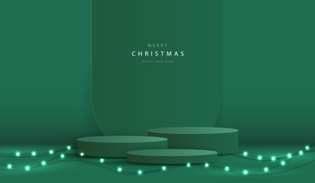 Podium shape for show cosmetic product display for christmas day or new years. Stand product showcase on red background with lighting christmas. vector design.のイラスト素材