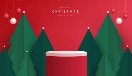 Podium shape for show cosmetic product display for Christmas day or New Years. Stand product showcase on red background with tree christmas. vector design.のイラスト素材