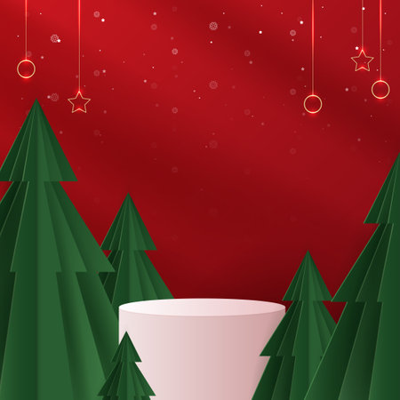 Podium shape for show cosmetic product display for christmas day or new years. Stand product showcase on red background with tree christmas. vector design.のイラスト素材