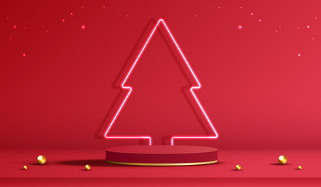 Podium shape for show cosmetic product display for christmas day or new years. stand product showcase on red background with tree christmas, golden ball and light. vector design.のイラスト素材