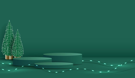 Podium shape for show cosmetic product display for christmas day or new years. stand product showcase on green background with tree, ball and light christmas. vector design.のイラスト素材