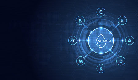 Multivitamin of vitamin C, E, A, D, K, M, Zn and B. inspiration protect the body and stay healthy, vitamins icon concept. natural food supplement advertising illustration. vector design.のイラスト素材