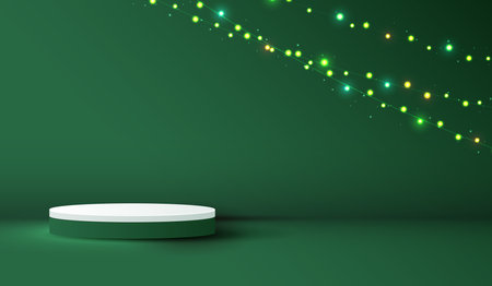 Podium shape for show cosmetic product display for christmas day or new years. stand product showcase on green background and light. vector design.のイラスト素材