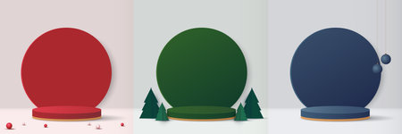 Set podium shape for show cosmetic product display for christmas day or new years. stand product showcase with tree, ball and stars christmas. vector design.のイラスト素材