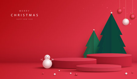 Podium shape for show cosmetic product display for Christmas day or New Years. Stand product showcase on red background with tree christmas. vector design.のイラスト素材