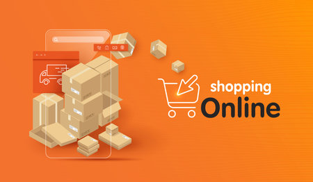 Parcel boxes and smartphones were floating above the ground. object on orange background for delivery and shopping online concept. advertising design. vector design.のイラスト素材