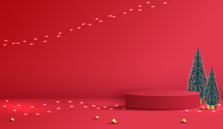 Podium shape for show cosmetic product display for christmas day or new years. stand product showcase on red background with tree christmas, golden ball and light. vector design.のイラスト素材