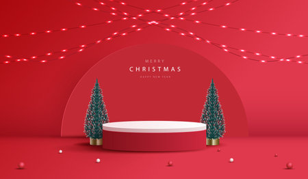 Podium shape for show cosmetic product display for christmas day or new years. stand product showcase on red background with tree christmas, golden ball and light. vector design.のイラスト素材