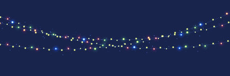 Christmas lights design elements. Glowing lights for christmas holiday on blue background. garlands, christmas party decorations. vector design.のイラスト素材