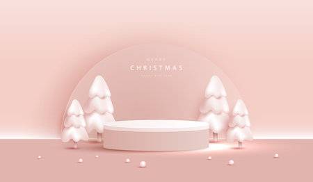 Podium shape for show cosmetic product display for christmas day or new years. stand product showcase on pink background with tree, ball and stars christmas. vector design.のイラスト素材