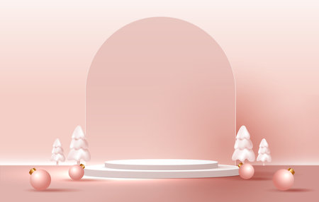 Podium shape for show cosmetic product display for Christmas day or New Years. Stand product showcase on red background with tree christmas. vector design.のイラスト素材