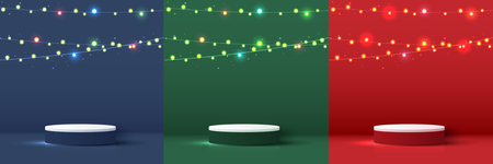 Set podium shape for show cosmetic product display for christmas day or new years. stand product showcase with light christmas. vector design.のイラスト素材