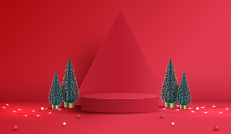 Podium shape for show cosmetic product display for christmas day or new years. stand product showcase on red background with tree christmas, golden ball and light. vector design.のイラスト素材