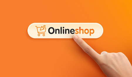 Click buy shopping online with hand on mobile phone application concept and digital marketing promotion. button hand pointer clicking. click here banner.の写真素材