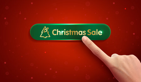 Click buy shopping online christmas sale with hand on mobile phone special offer, christmas sale. button hand pointer clicking. click here banner on red background. vector design.の写真素材